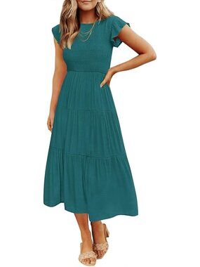 Summer Casual Flutter Sleeve Smocked Midi Dress - Perfect for Beach & Parties
